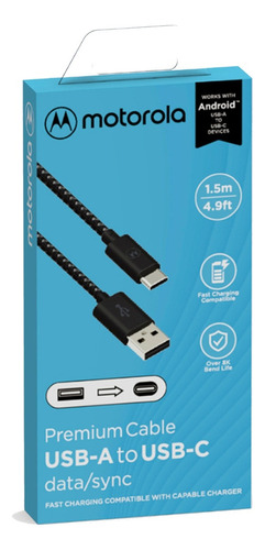 Cabo Motorola Usb-a Para Usb-c 1.5m Acabamento Cordão Preto