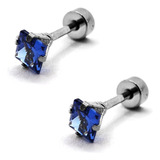 Aretes Acero Inox Plateado Tipo Broquel Cuadrado Azul