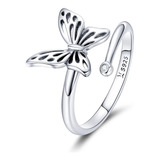 Anillo Plata 925 Mariposa Ajustable Con Cristal Joyas Mujer