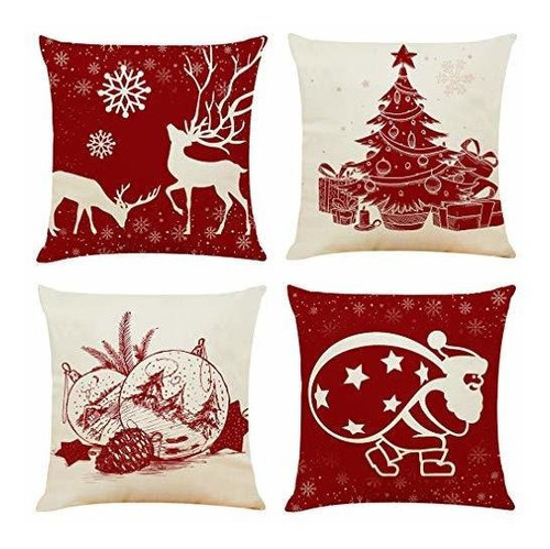 Fundas Para Cojines Decorativos Navideños Color Rojo Y Beige