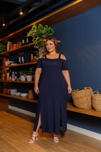 Vestido Longo Com Alça E  Fenda Lateral Plus Size Mazal