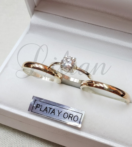 Par Alianzas Plata 925 Y Oro 18 Kt Rojo 3mm Compromiso Boda 