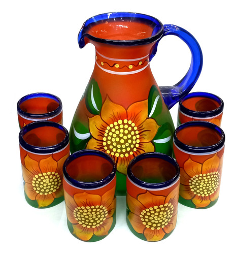 Set Jarra Pera Con 6 Vasos Para Agua Artesanales Decorados