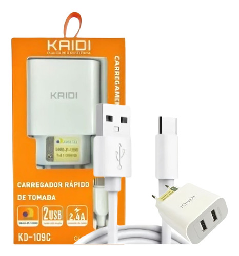 Carregador Turbo Celular Smartphone 2 Usb Cabo Usb Kd-109c