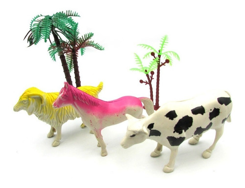 Set 3 Animales De Granja Plastico Irrompibles Vaca Caballo 