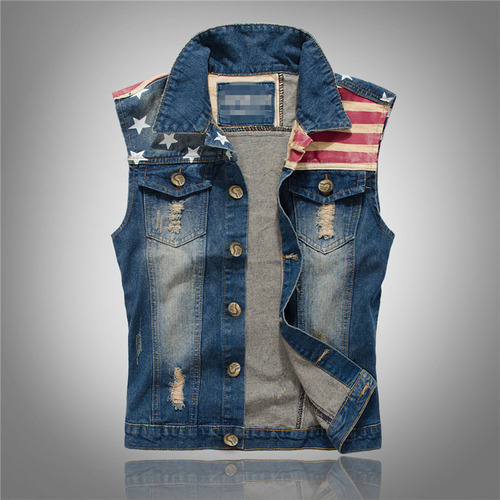 Colete Jeans Flag Casual Rock Holes Cowboy Jeans Colete