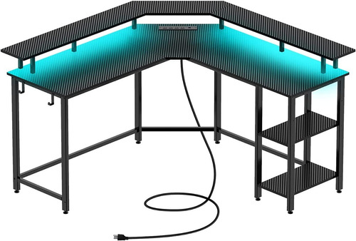 Escritorio, Forma L Esquinera, C/regleta Led, Negro