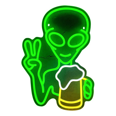 Letrero Led Neón Alien Tomando Cerveza Decoración Para Bares