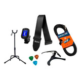 Kit Cabo P10 3m, Correia, Palhetas, Capo, Suporte E Afinador