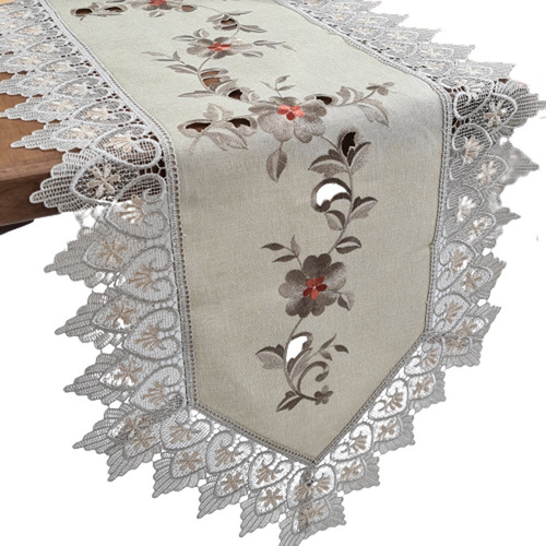 Caminho De Mesa Guippir Bordado Renda Elegante Luxo 1,80m Cor Flor Marrom