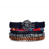 Pulsera Multicapa Hombre Y Mujer De Cuero, Trenzada Brujula