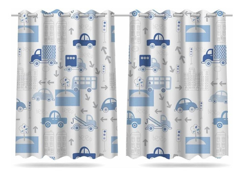 Cortina Decorativa Infantil Carrinhos Menino 260x150m Mod01 Cor Azul