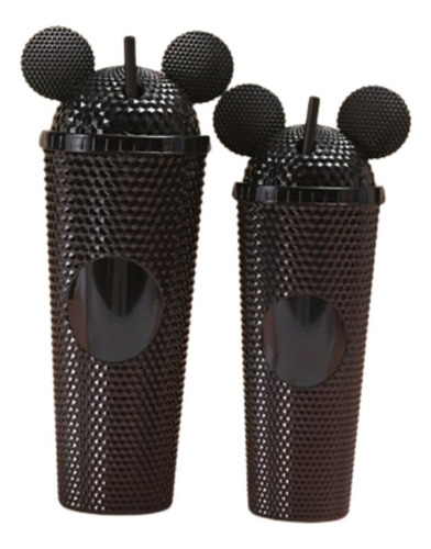 Vaso Negro Duo Orejas Mickey Texturizado Con Popote Y Tapa