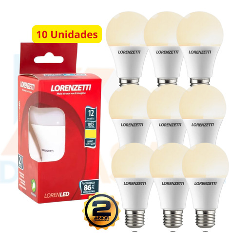 Kit 10 Lâmpadas Led 12w Amarela 3000k Bivolt E27 Lorenzetti