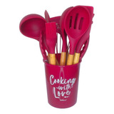 Kit Conjunto Utensílios Cozinha Cabo Madeira Silicone 12 Pçs