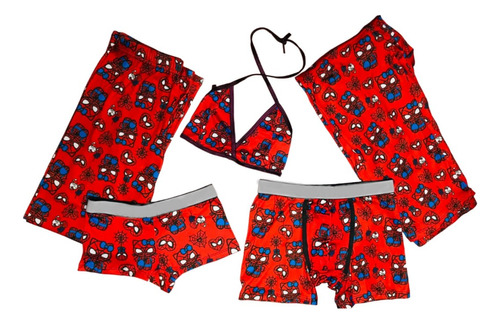 Duo De Pijama Para Pareja Kitty/spider 5pzs Top,pants,boxers