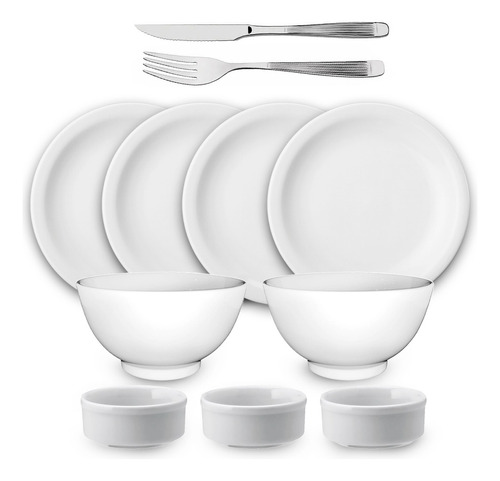 Set Vajilla Porcelana 17pzs Platos Bowl Cubiertos Acero Inox