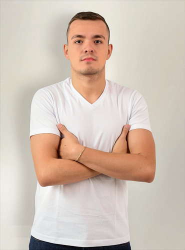 Camiseta Básica Branca Gola V Masculina Uniforme Algodão