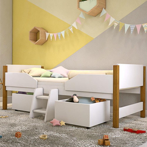 Cama Elevada Bella Com Nichos Para Brinquedos E Colchão