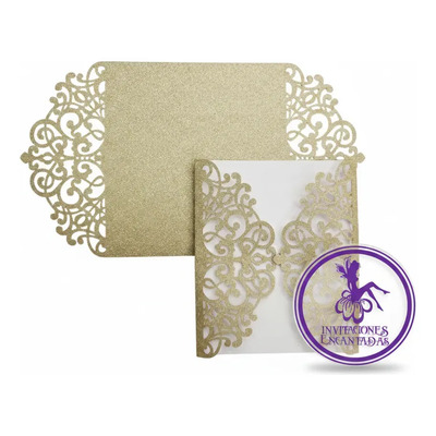 30 Invitaciones Corte Laser 14x12cm + 30 Sobres - Gf-419 Glitter Champagne | Envío gratis