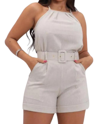 Conjunto Feminino Blusa Shorts Cinto Tecido Linho Premium