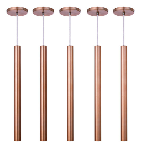 Kit 5 Pendente Tubo Rose Gold 50cm Cabo Cristal Led Quente Iluminar Ambiente