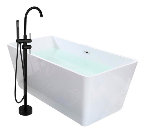 Solana Kit Tina De Baño Blanca Rectangular De Acrílico Slim 150x80x60 Cm +  Grifo Independiente Tipo Cuello Cisne Monomando Negro / Kit De Lujo Completo Blanco/negro Para Cuarto De Baño