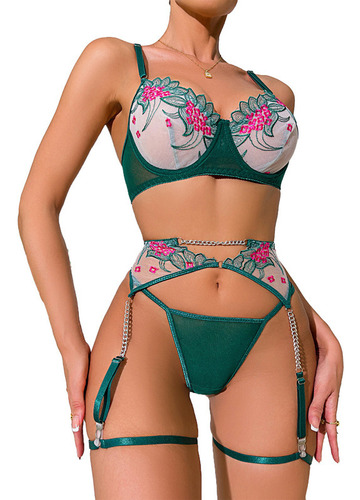 Conjunto Sexy De Seducción Floral Con Encaje Y Encaje De Col