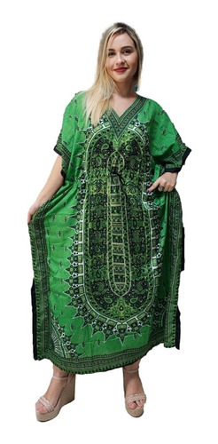 Vestido Kaftan Indiano Longo Estampado Plus Size - Cod. 23d