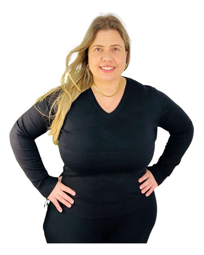 Blusa Plus Size Suéter Feminino Gola V Ou Gola Redonda Trico