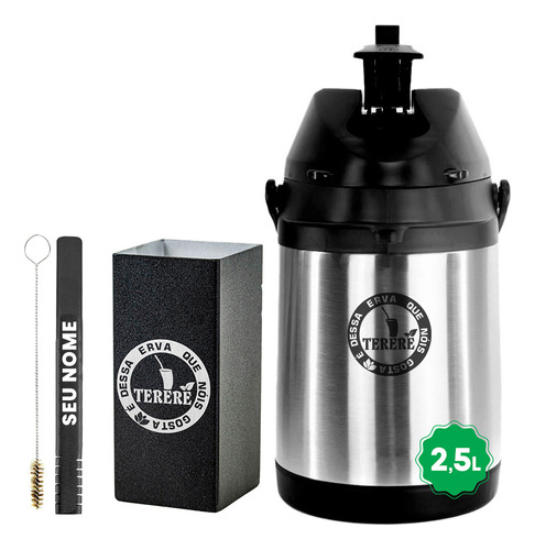 Kit Tereré Copo Bomba Preto Garrafa Térmica Inox 2.5l - Agro