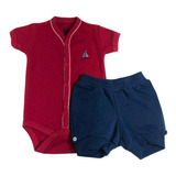Conjunto Curto Bebê Body Vermelho Barco E Shorts 