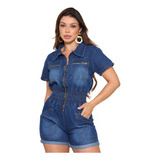 Macaquinho Feminino Jeans Curto Com Zíper Jardineira