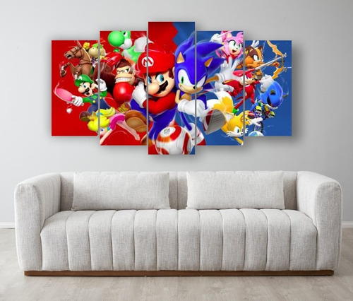 Set 5 Cuadros Decorativos Gamer Mario Sonic