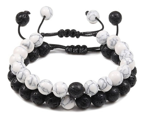 Pulseras De Piedra Volcánica Negra Y Turquesa Blanca 8mm Par