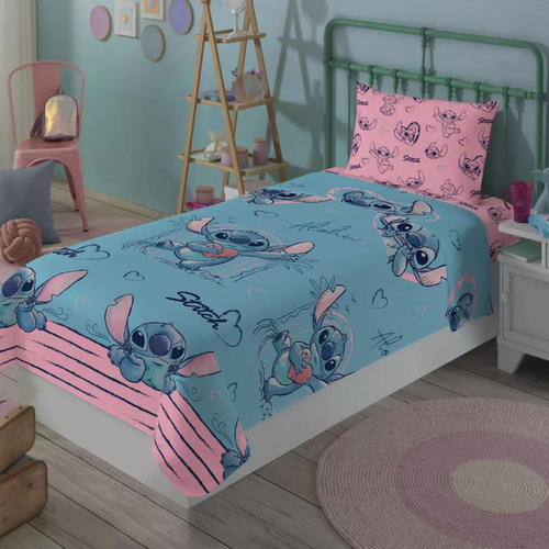 Jogo De Cama Infantil Stitch Solterio Microfibra 2 Peças