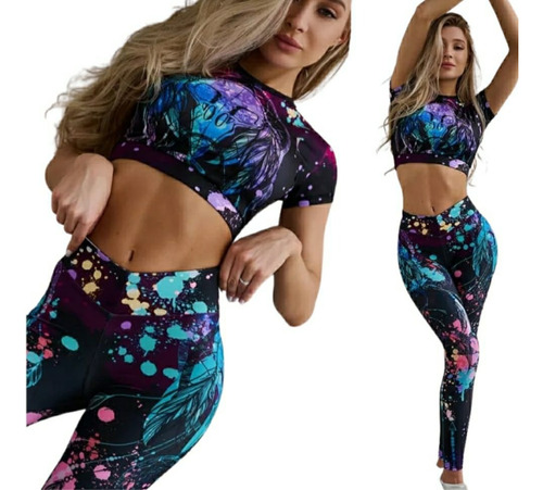 Conjunto Deportivo Estampado Leggings + Crop Top Multicolor