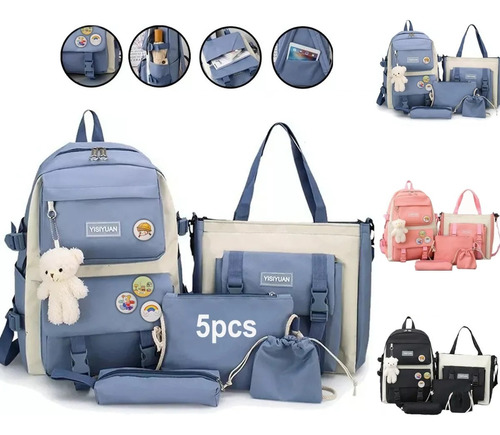 Set 5 Mochila Bolsas Escolar Estudiante Set Lona Tote Kawaii