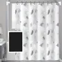Combo Set Cortina Baño Estampada + Alfombra Shaggy + Ganchos Hojas Negro