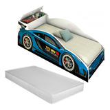 Cama Berço Carro Azul Speed Infantil Baú Brinquedo E Colchão