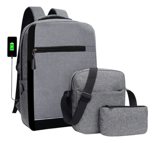 Set 3 Piezas Mochila Usb , Bolsa , Lapicera , Escolar Oficina Viaje 3011 Xsh Color Gris