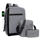 Set 3 Piezas Mochila Usb , Bolsa , Lapicera , Escolar Oficina Viaje 3011 Xsh Color Gris