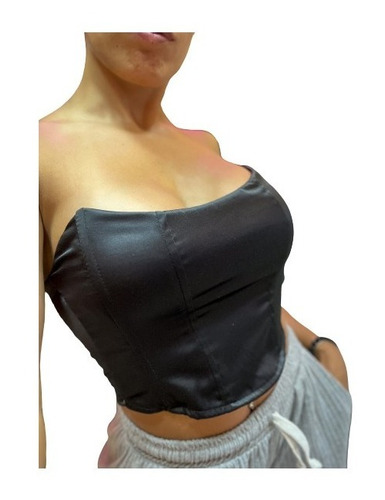 Top Remera Strapless Corset Saten Brillo Mujer