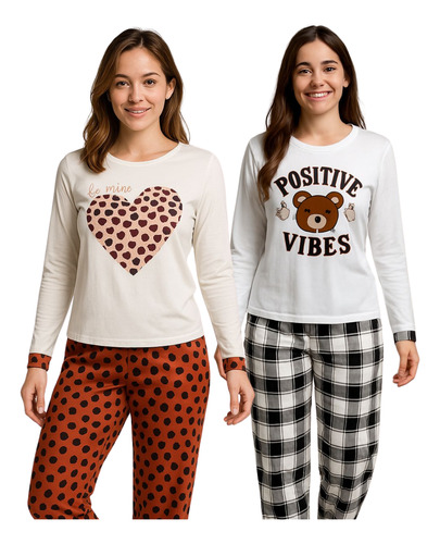 Kit 2 Pijama Longo Feminino Malha Adulto Manga Comprida