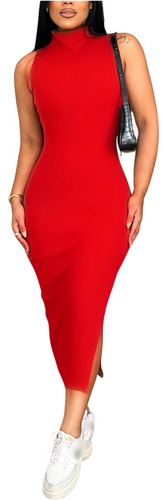 Vestido Midi Longo Justo Com Fenda Lateral Canelado Grosso