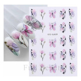 2 Stickers Para Uñas Flores Mariposas Visos Plata 6.5x9.5cm