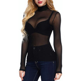 Blusa Top Malla Transparente De Manga Larga 