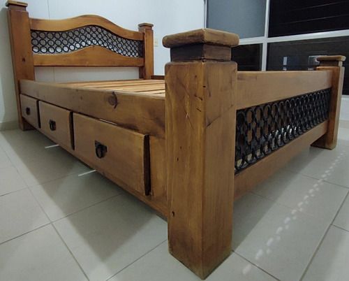 Cama Doble + Cajonero Con Espejo, En Madera Vitange