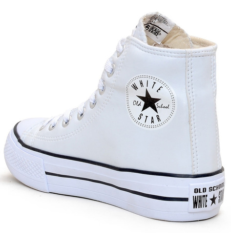 Tenis Bota Plataforma White Star Cano Alto Branco Couro