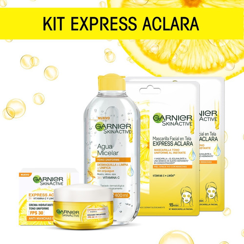 Kit Garnier Express Aclara: Crema + Agua Micelar + Mascaras